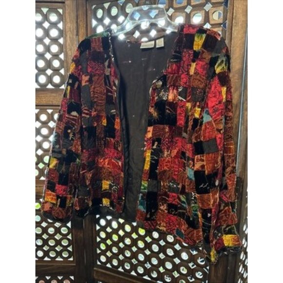 Chico's Design Jacket Size 1 M/8 Rayon Silk Velvet Patchwork Shacket Multicolor - Picture 1 of 6